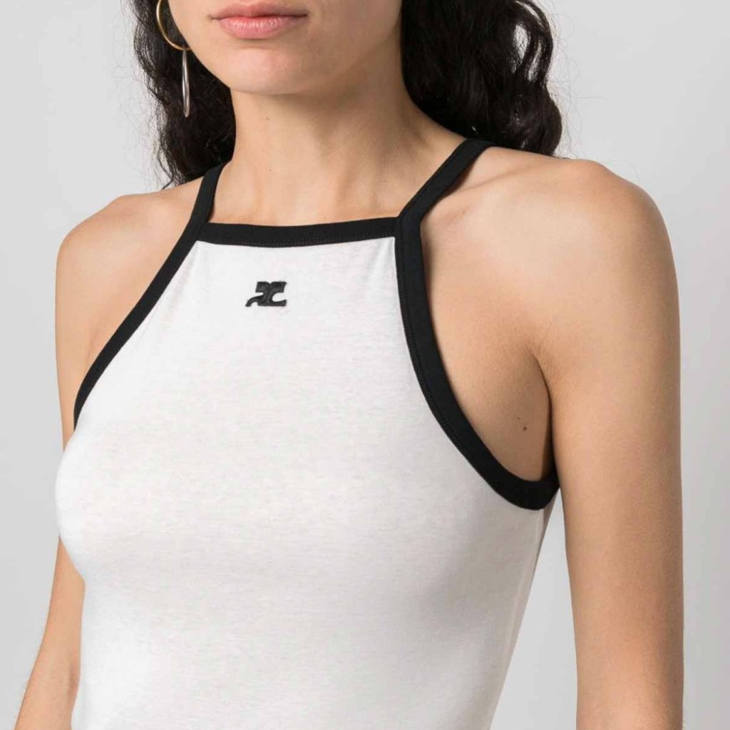 Courregescotton Jersey Tank Top. Square Neck Embroidered Logo Patch At Chest
